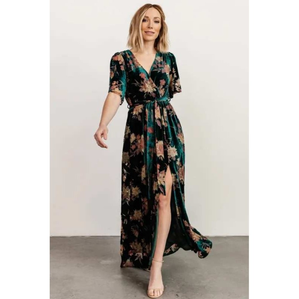 Baltic Born Lydia Teal Floral Velvet Maxi Dress Small Short Sleeve V-Neck - Picture 3 of 14